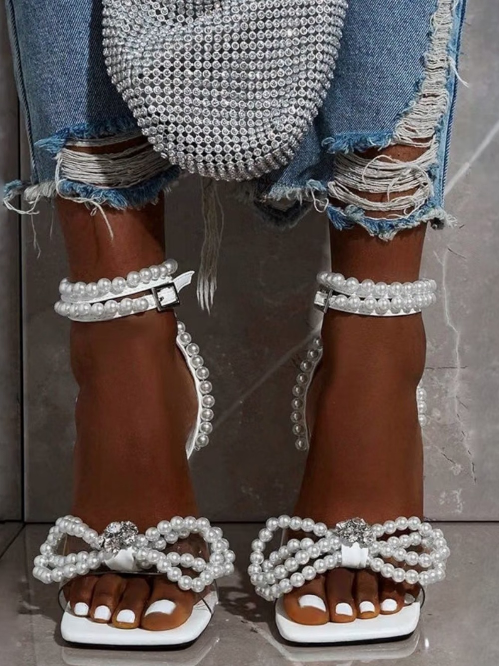 Pearl-Embellished White High Heel Sandals - Picture 2 of 4